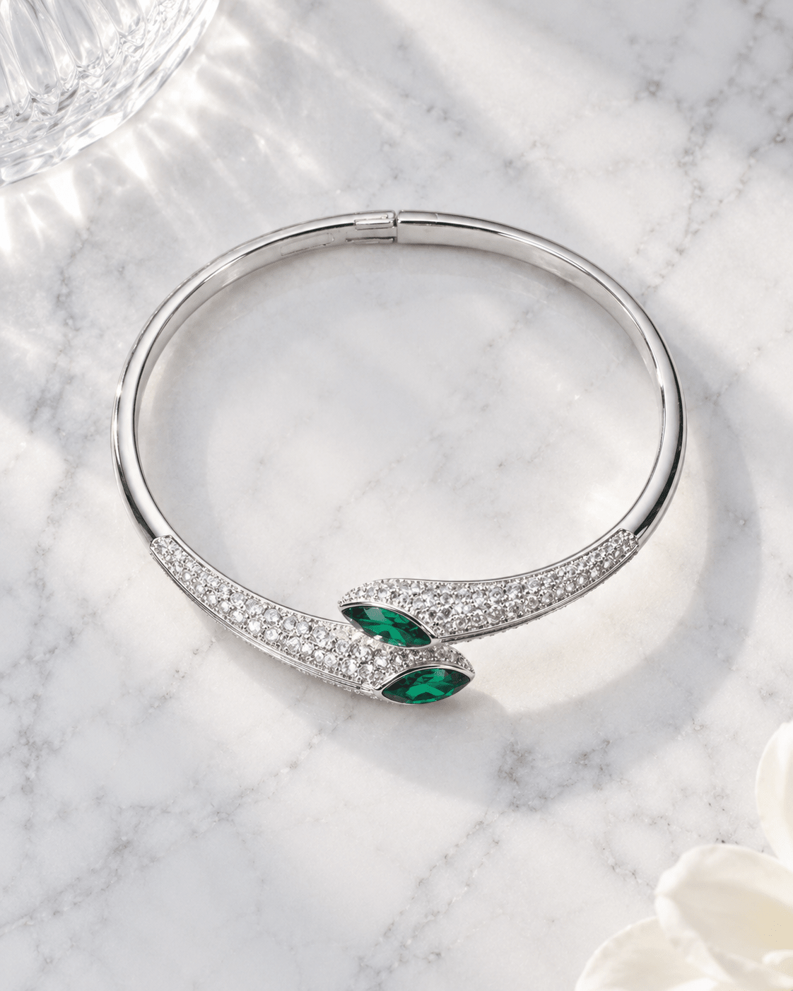 Silver Emerald Marquise Pave Open Bangle - Maxiblink