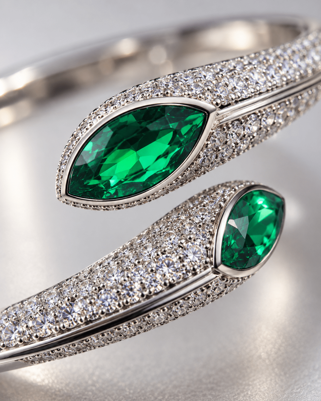Silver Emerald Marquise Pave Open Bangle - Maxiblink