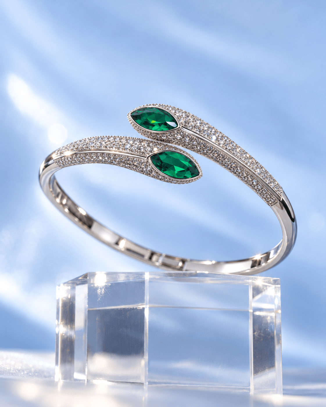 Silver Emerald Marquise Pave Open Bangle - Maxiblink