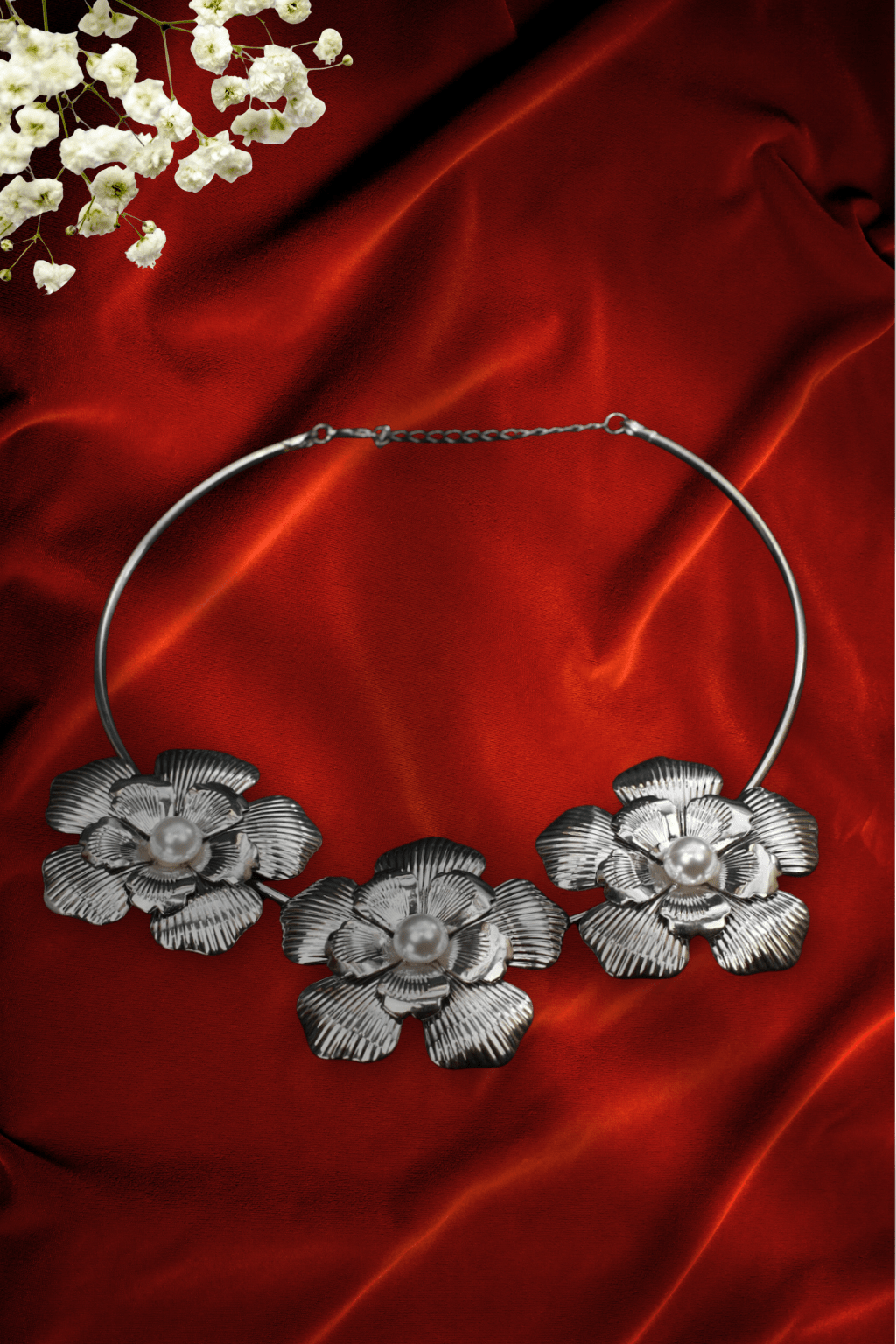 Silver Floral Pearl Statement Necklace for Women - Maxiblink