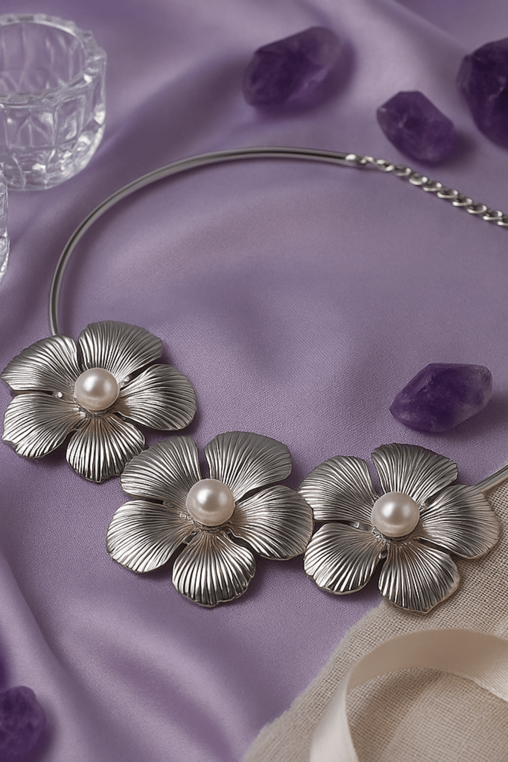 Silver Floral Pearl Statement Necklace for Women - Maxiblink
