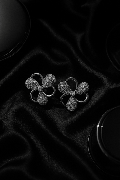 Silver Floral Stud Earrings with Micro CZ Embellishments - Maxiblink