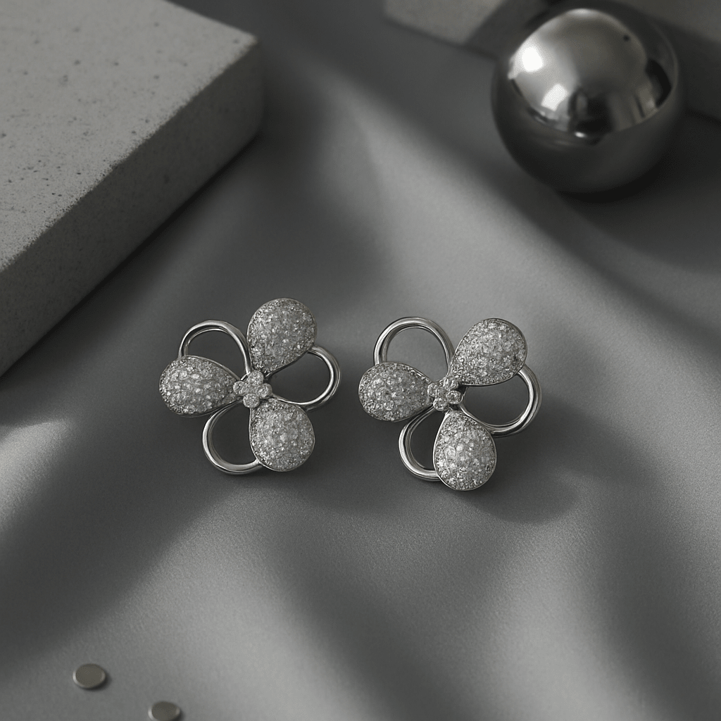 Silver Floral Stud Earrings with Micro CZ Embellishments - Maxiblink