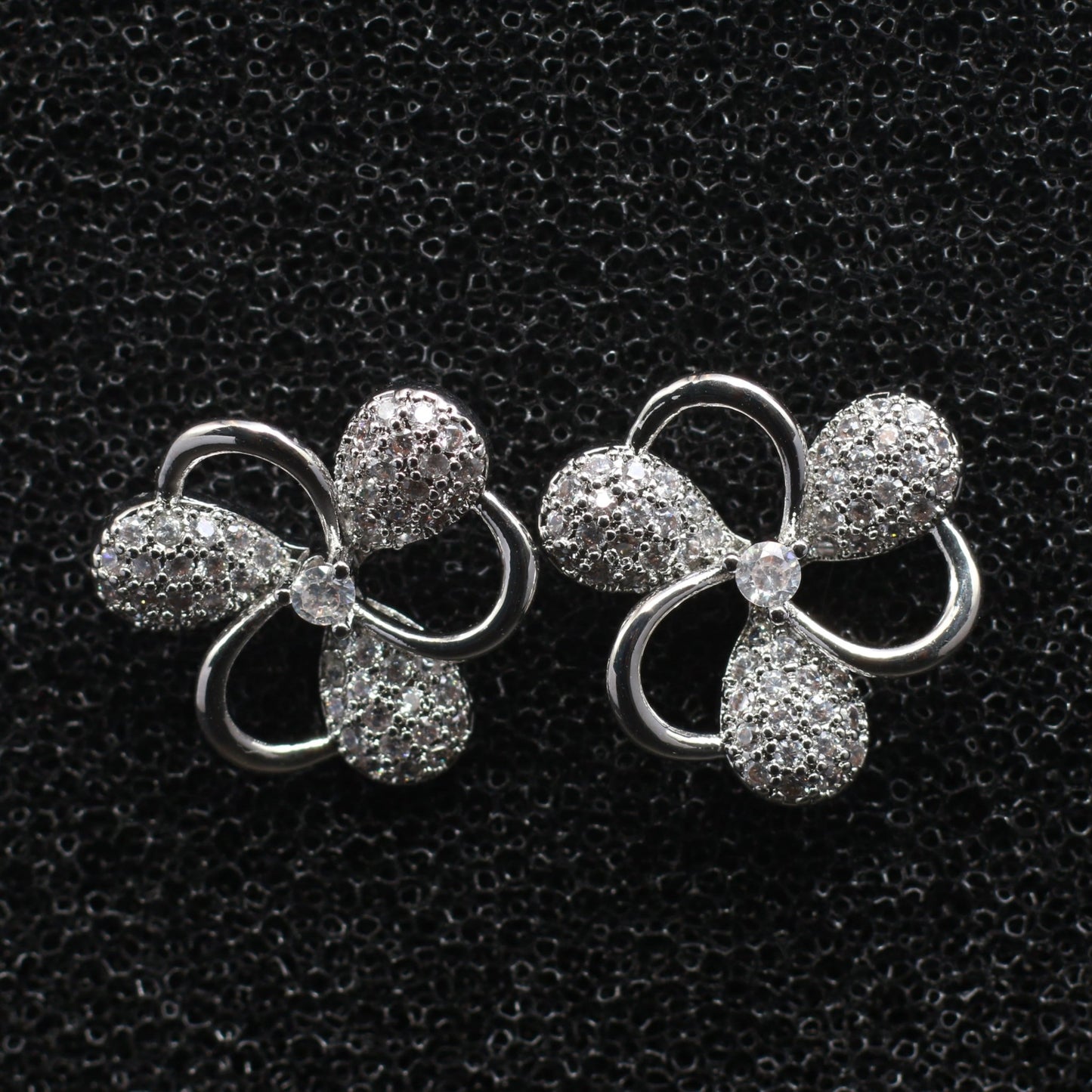 Silver Floral Stud Earrings with Micro CZ Embellishments - Maxiblink