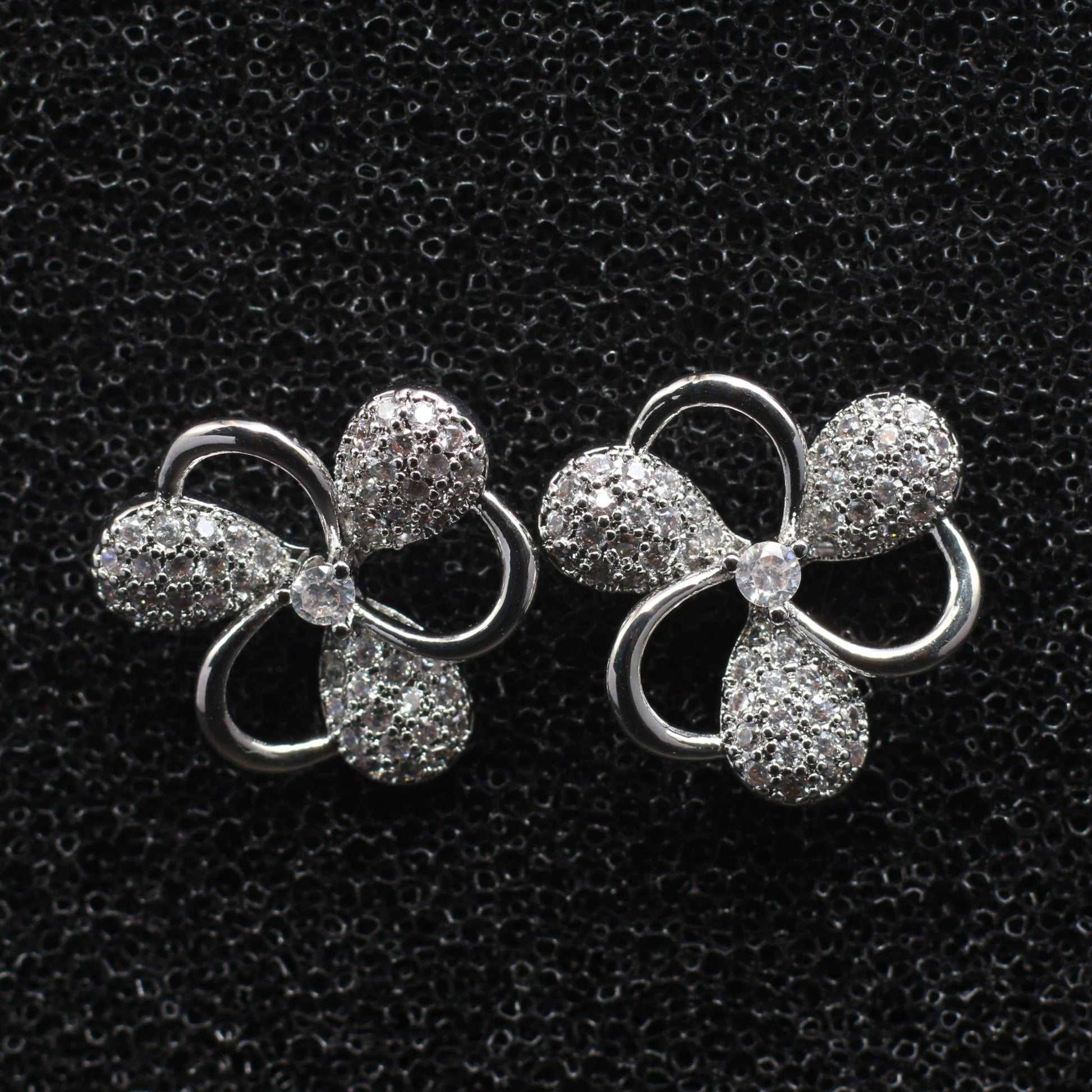 Silver Floral Stud Earrings with Micro CZ Embellishments - Maxiblink