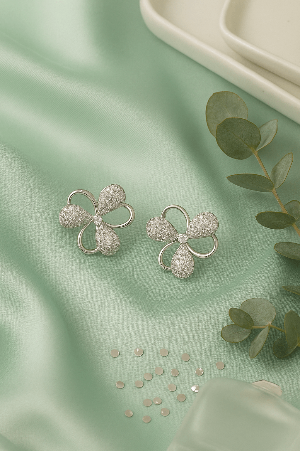 Silver Floral Stud Earrings with Micro CZ Embellishments - Maxiblink