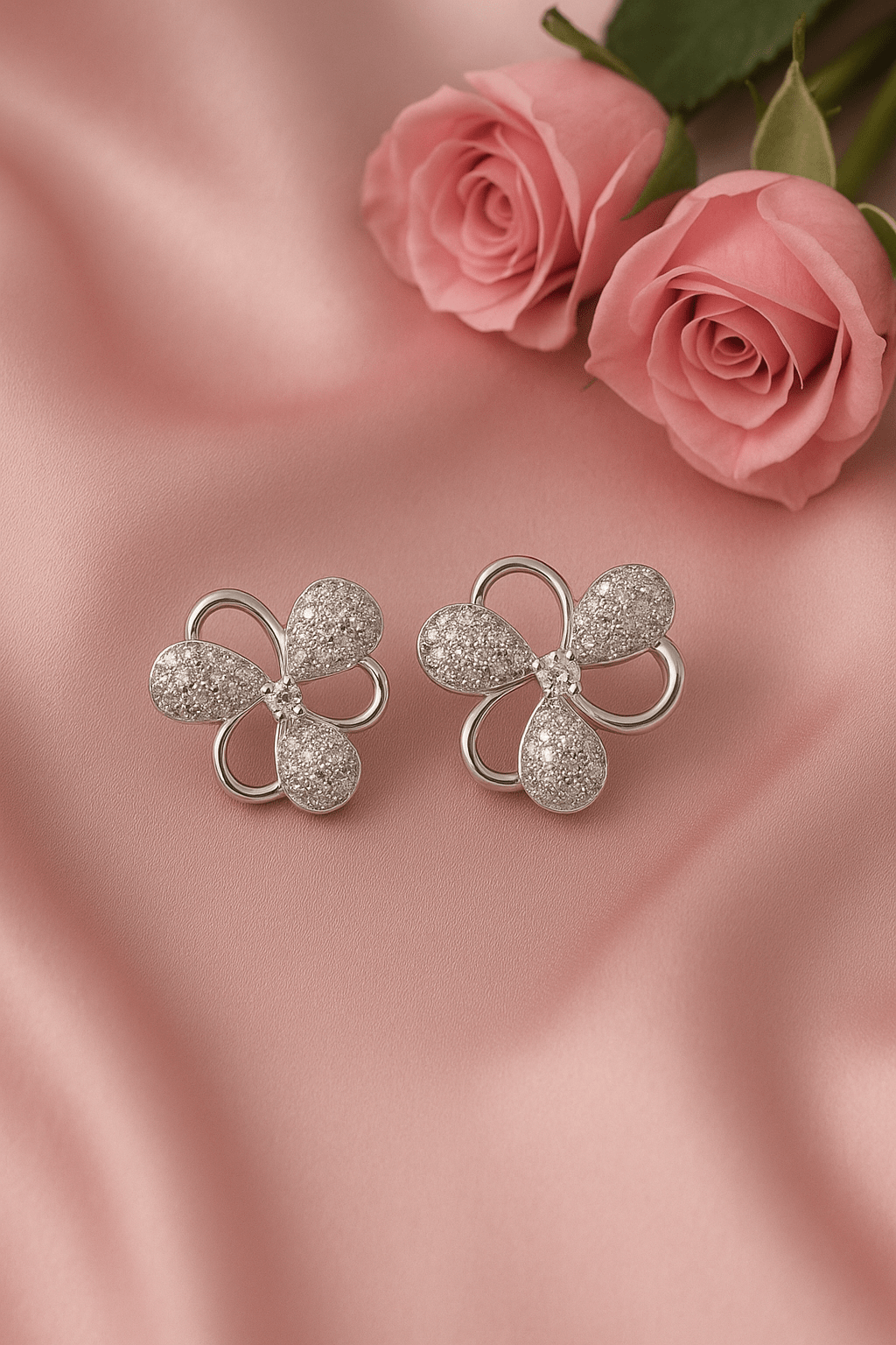 Silver Floral Stud Earrings with Micro CZ Embellishments - Maxiblink