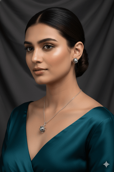 Silver Pearl Pendant Set - Elegant Grey Pearl Necklace & Earrings | Luxury Anti Tarnish Finish - Maxiblink
