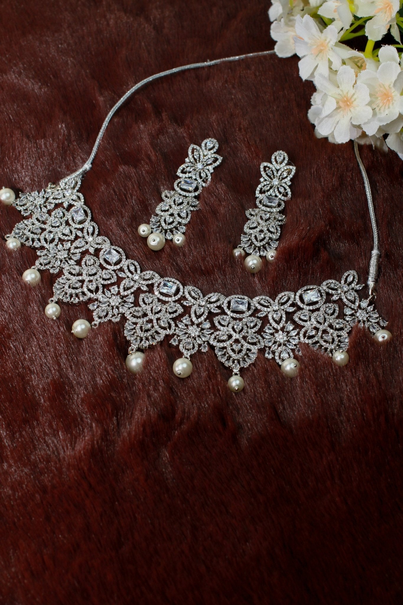 Silver - Plated Floral Pearl Choker Set with Earrings - Maxiblink