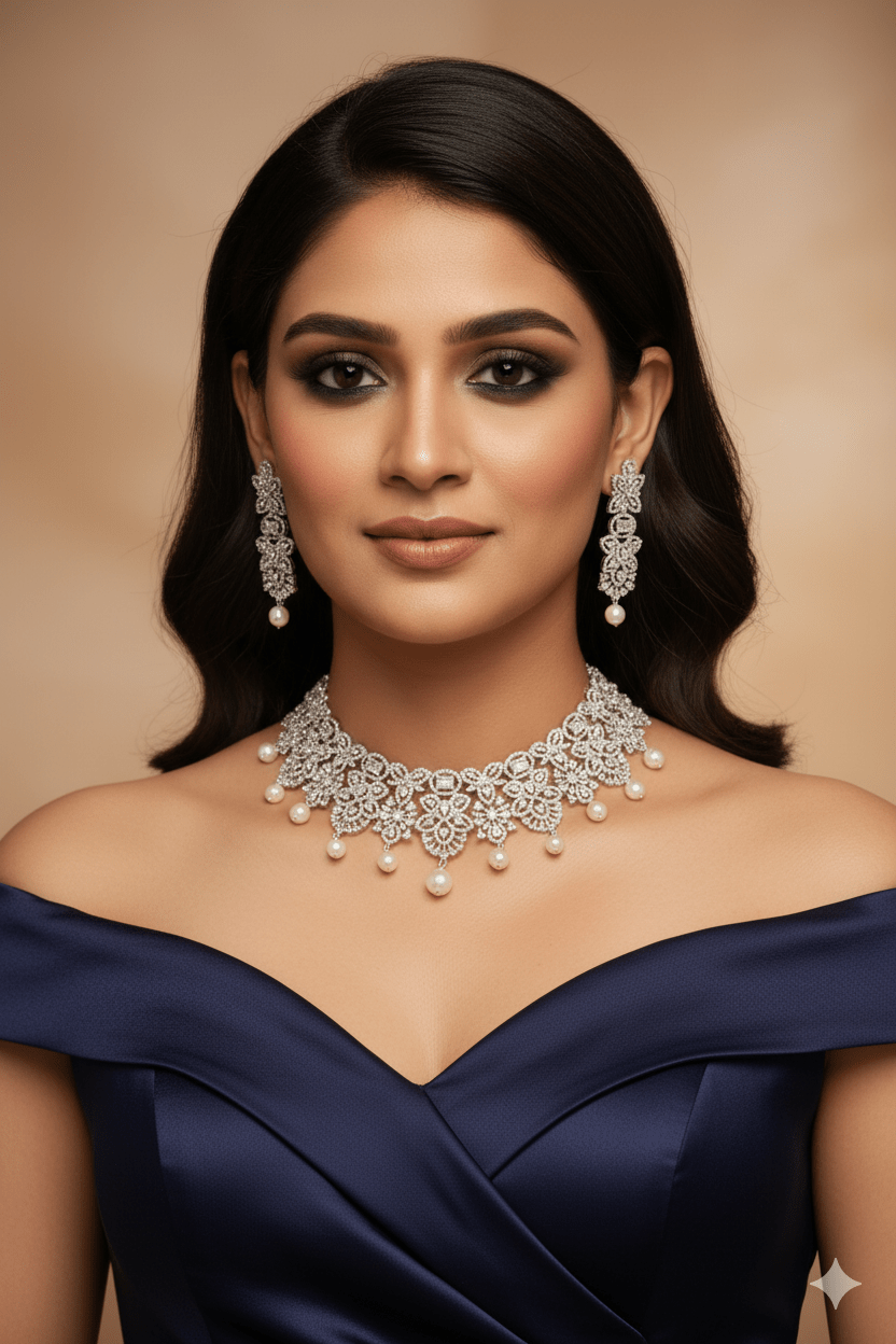 Silver - Plated Floral Pearl Choker Set with Earrings - Maxiblink