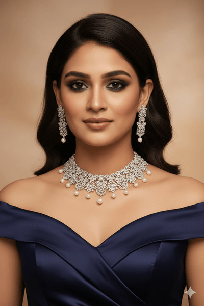 Silver - Plated Floral Pearl Choker Set with Earrings - Maxiblink
