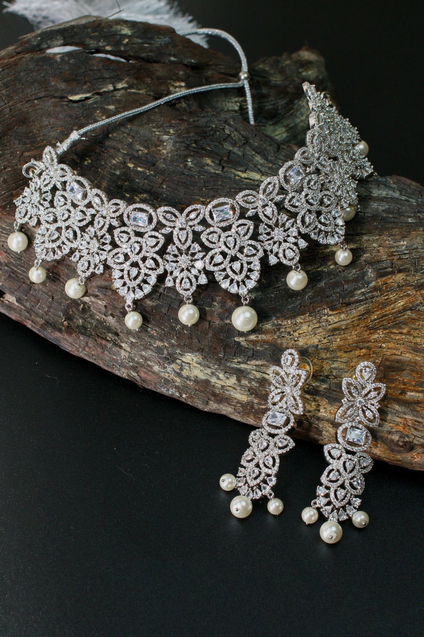 Silver - Plated Floral Pearl Choker Set with Earrings - Maxiblink