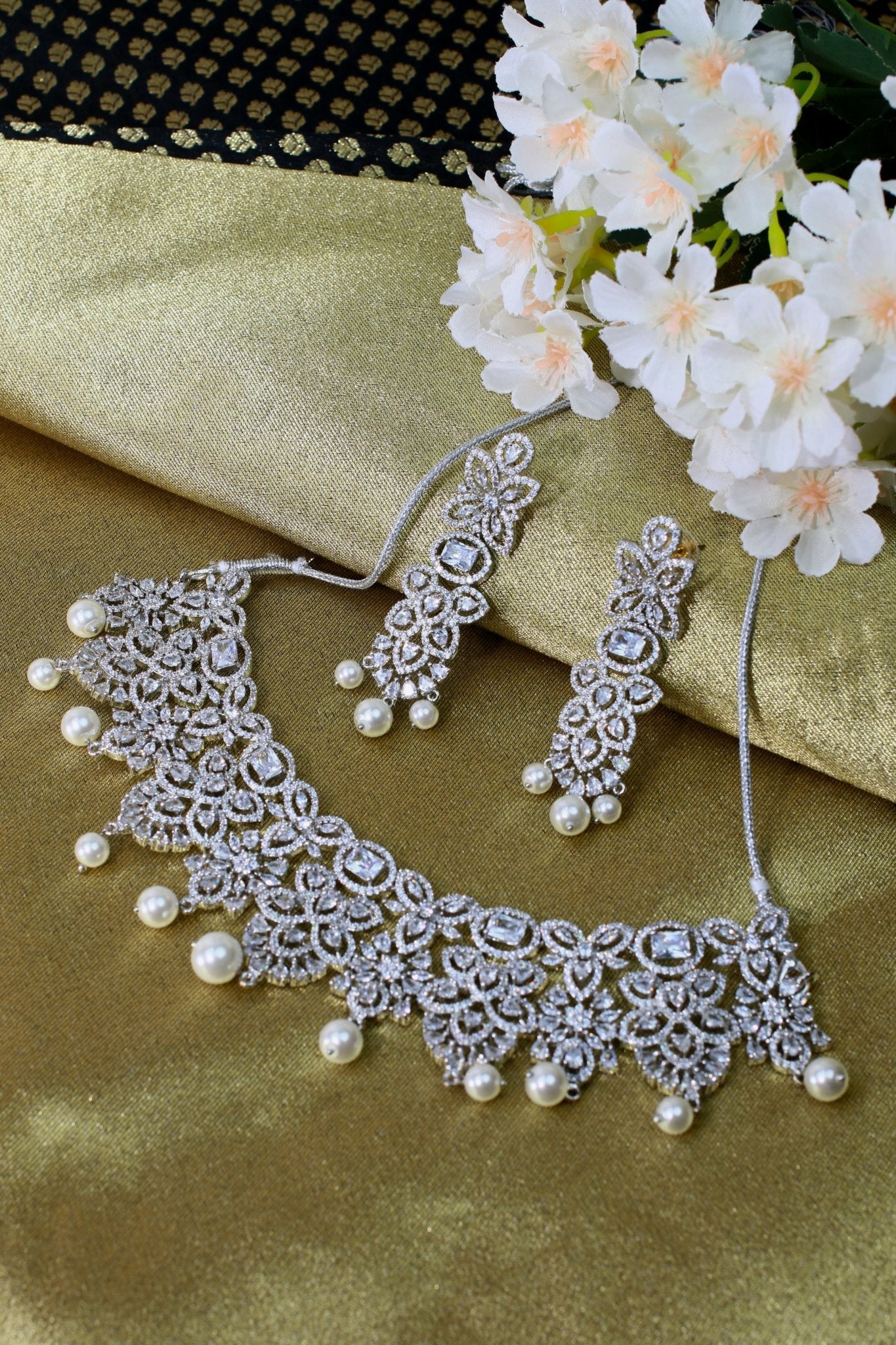 Silver - Plated Floral Pearl Choker Set with Earrings - Maxiblink