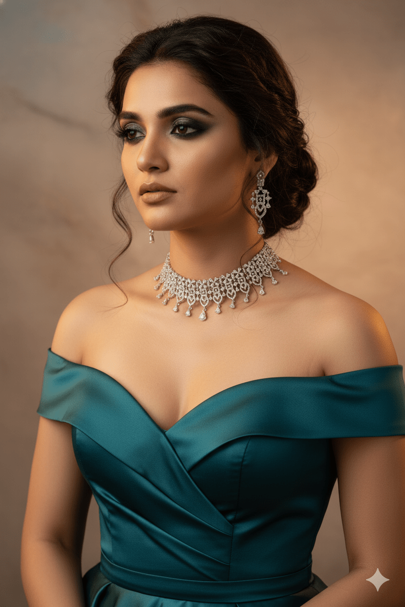 Silver - Plated Stone Choker Set with Drop Earrings - Maxiblink