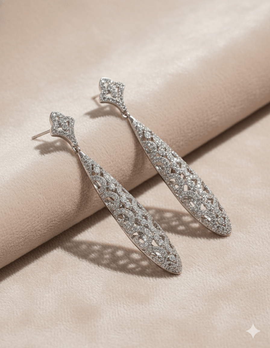 Silver Textured Long Drop Earrings - Maxiblink