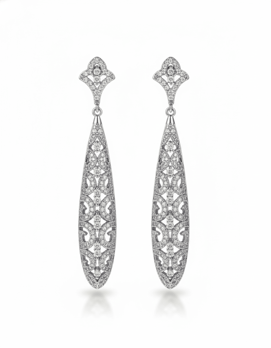 Silver Textured Long Drop Earrings - Maxiblink