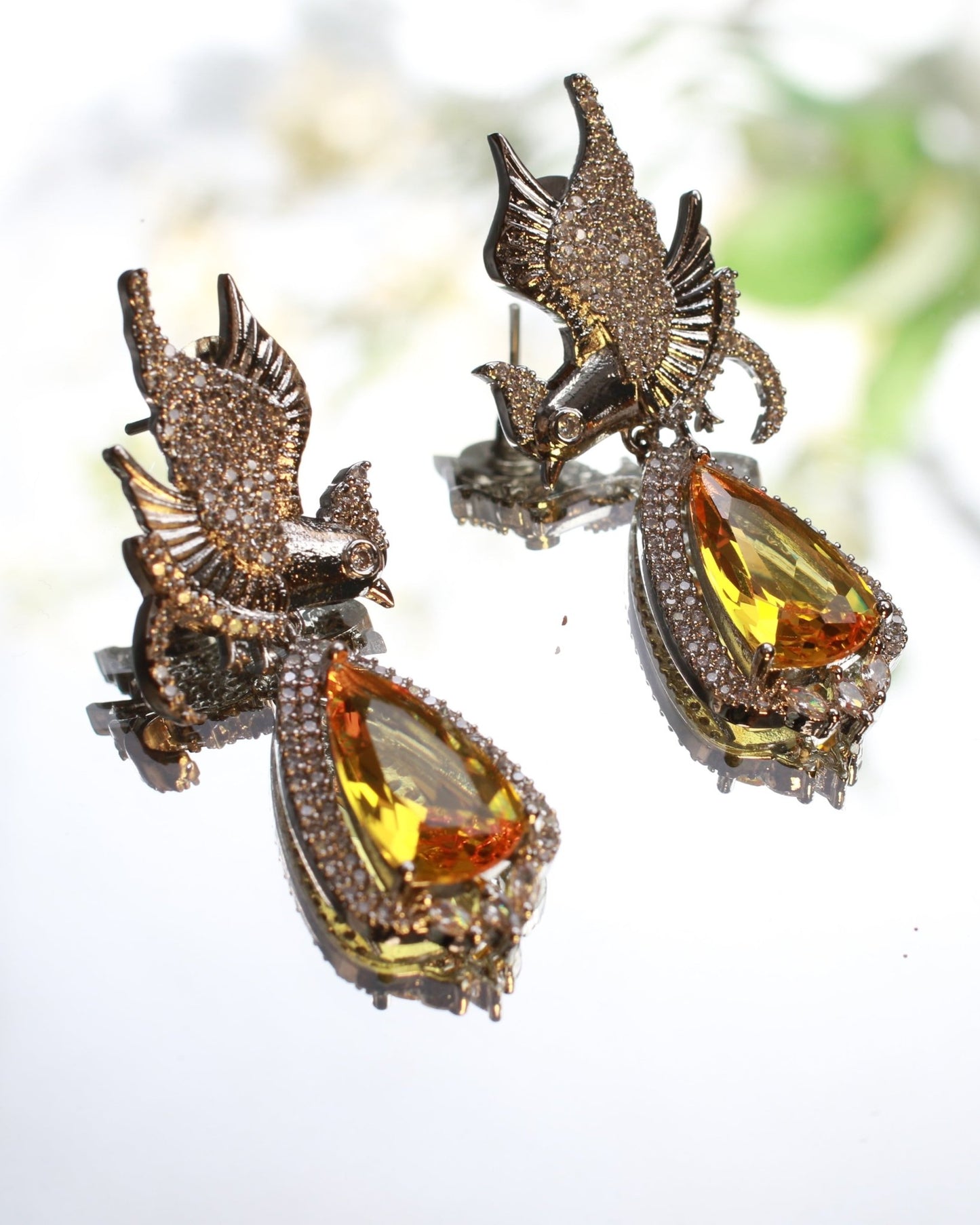 Silver - Tone Phoenix Earrings with Yellow Drop - Maxiblink