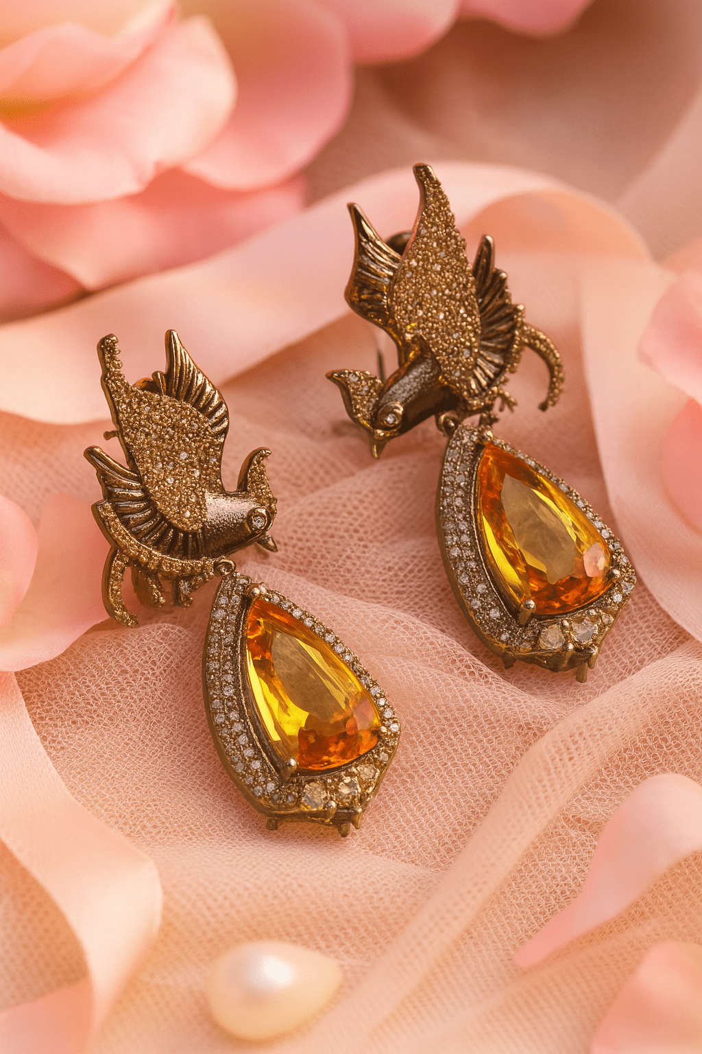 Silver - Tone Phoenix Earrings with Yellow Drop - Maxiblink