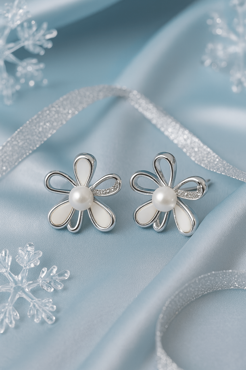 Silver & White Enamel Floral Stud Earrings with Pearl Center - Maxiblink