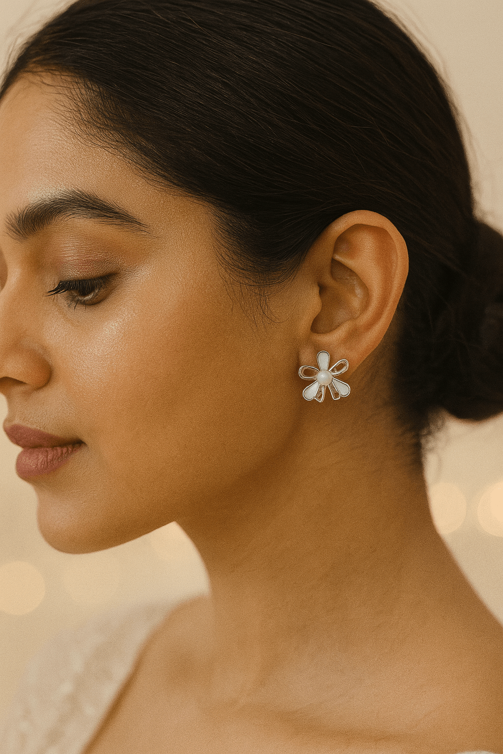 Silver & White Enamel Floral Stud Earrings with Pearl Center - Maxiblink