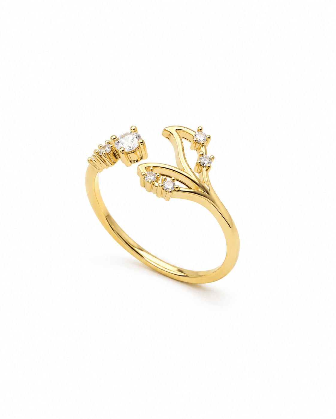 Solitaire & Crystal Leaf Sprig Ring — anti-tarnish adjustable free-size ring, MaxiBlink demi-fine