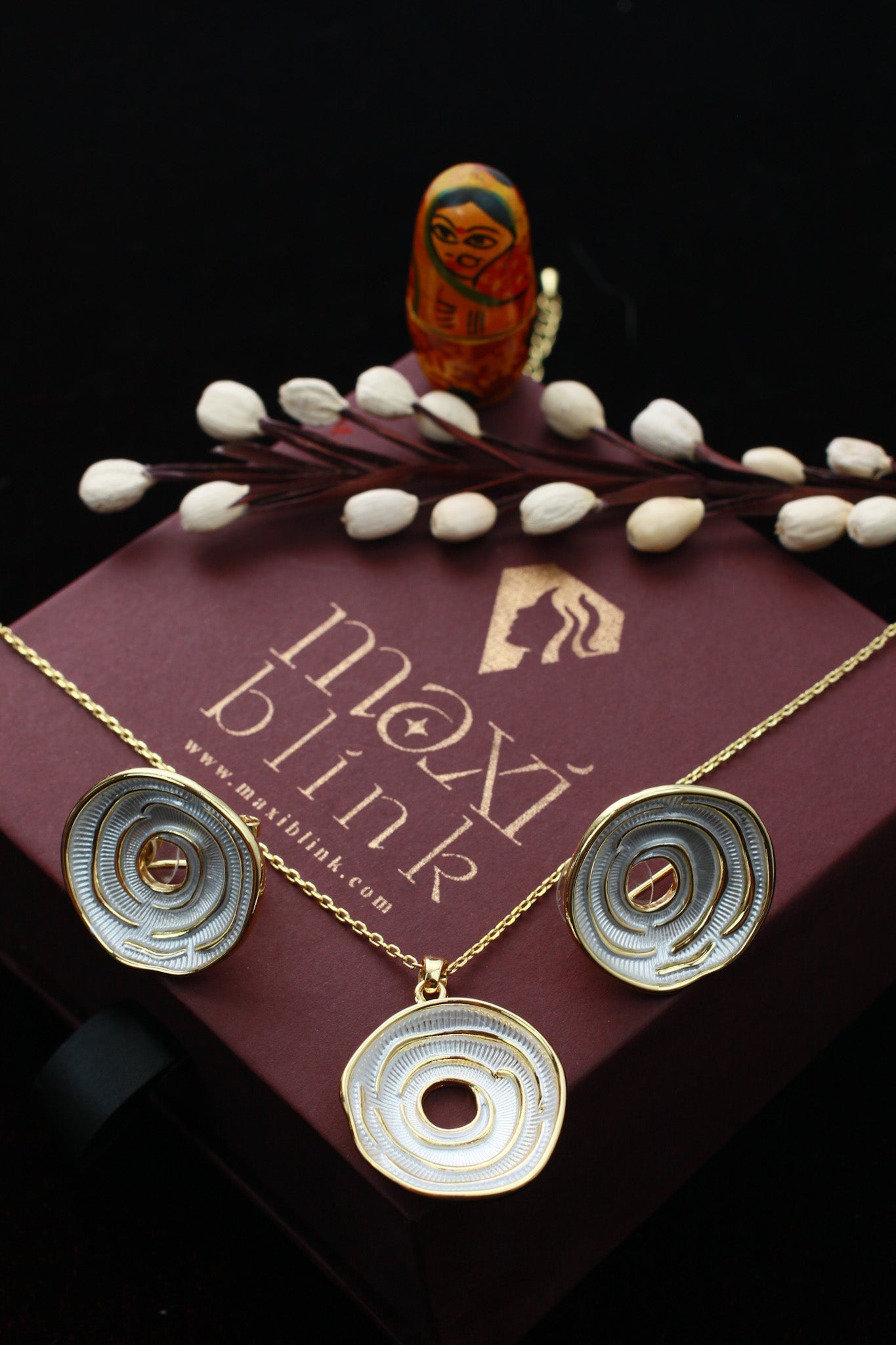 Spiral Silver Enamel Pendant Set - Minimal Luxury Necklace & Studs | Anti Tarnish Finish - Maxiblink