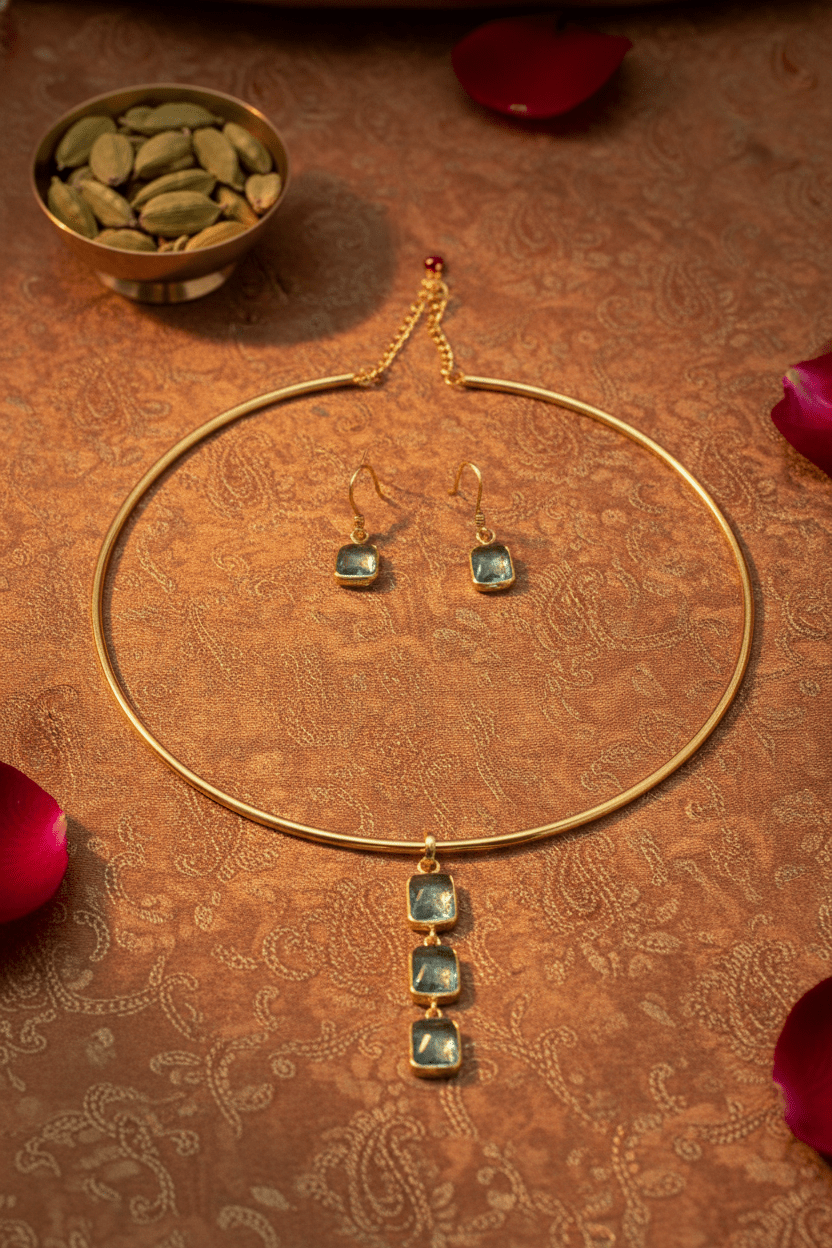 Square Natural Stone Drop Hansuli Choker Necklace – Gold Plated Brass Minimal Statement Jewelry - Maxiblink