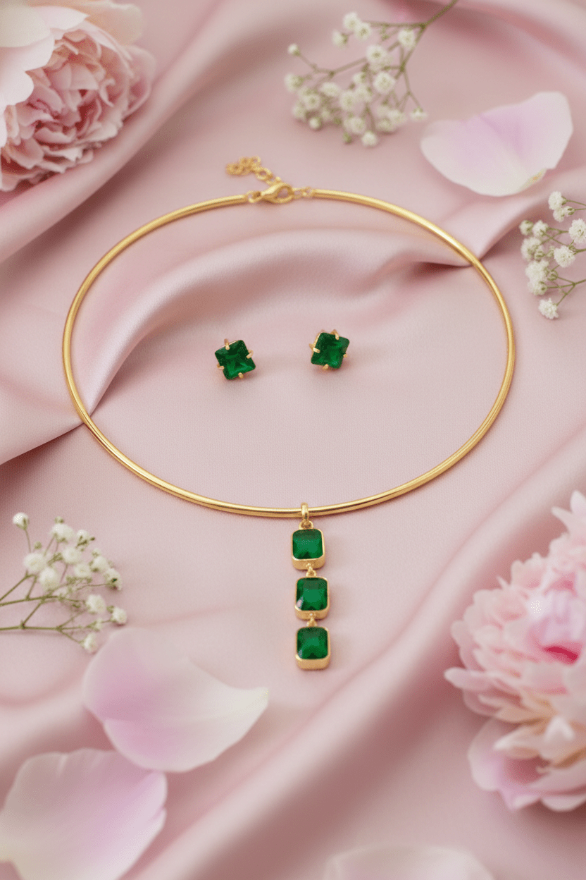 Square Natural Stone Drop Hansuli Choker Necklace – Gold Plated Brass Minimal Statement Jewelry - Maxiblink