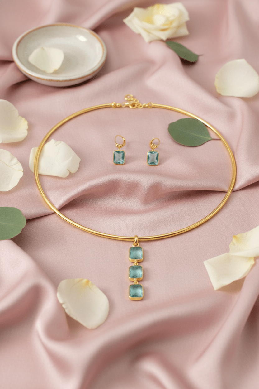Square Natural Stone Drop Hansuli Choker Necklace – Gold Plated Brass Minimal Statement Jewelry - Maxiblink