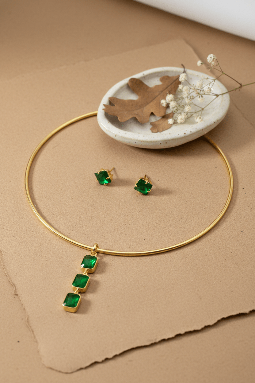 Square Natural Stone Drop Hansuli Choker Necklace – Gold Plated Brass Minimal Statement Jewelry - Maxiblink