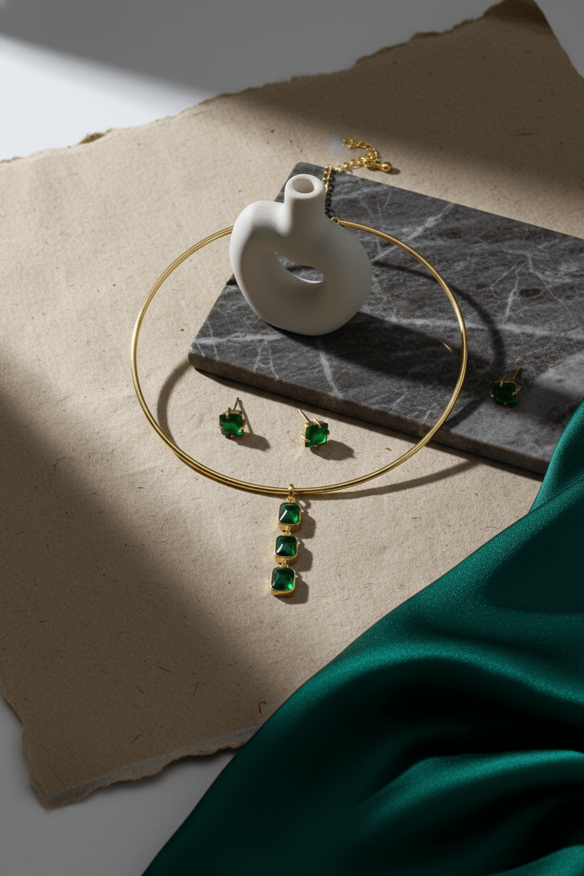 Square Natural Stone Drop Hansuli Choker Necklace – Gold Plated Brass Minimal Statement Jewelry - Maxiblink