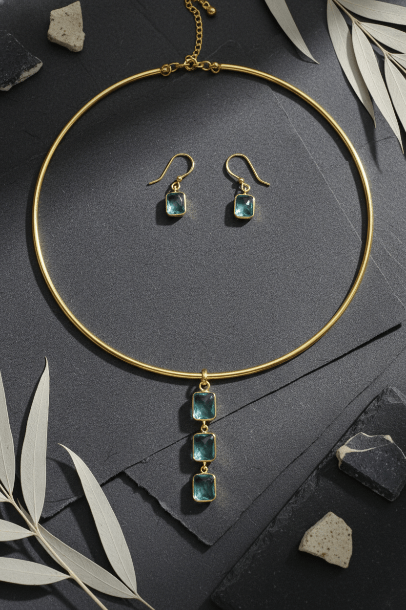 Square Natural Stone Drop Hansuli Choker Necklace – Gold Plated Brass Minimal Statement Jewelry - Maxiblink