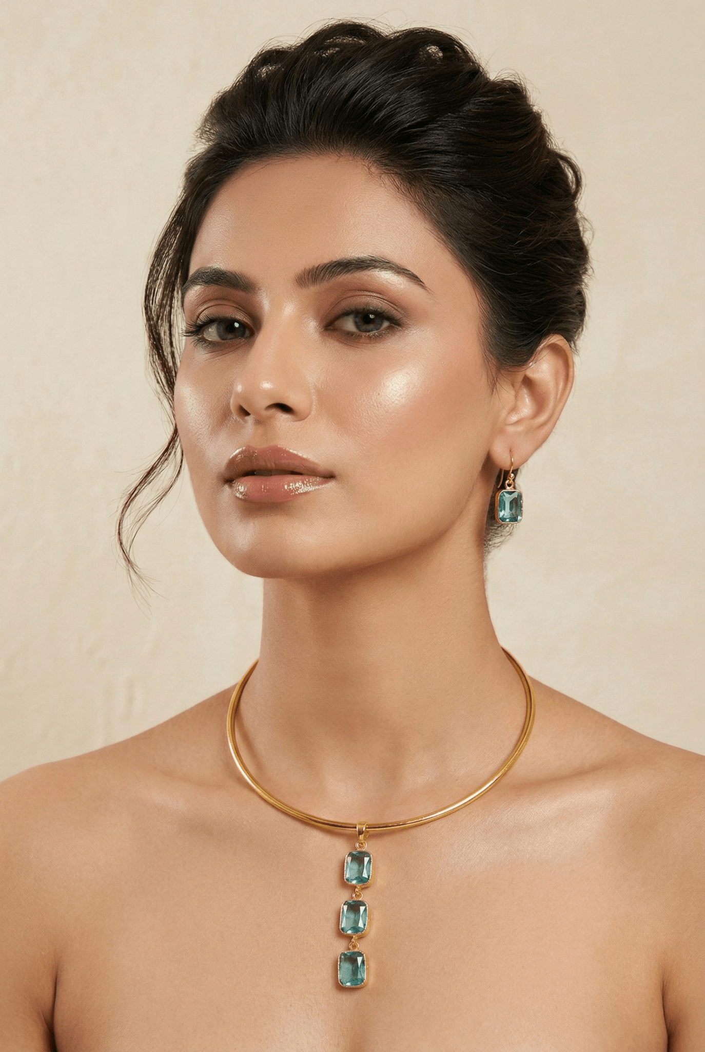Square Natural Stone Drop Hansuli Choker Necklace – Gold Plated Brass Minimal Statement Jewelry - Maxiblink
