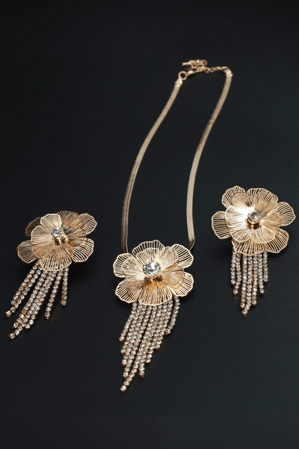 Statement Floral Necklace Set with Rhinestone Tassels - Maxiblink