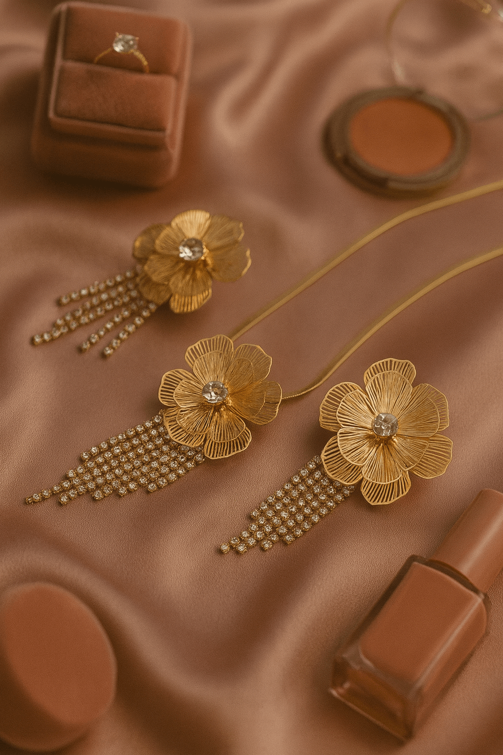 Statement Floral Necklace Set with Rhinestone Tassels - Maxiblink