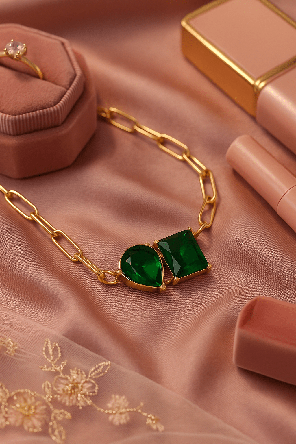 Statement Gold Chain Pendant with Emerald Green Stones - Maxiblink