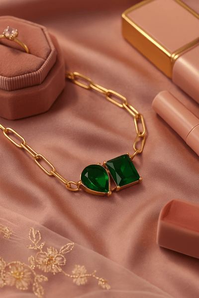 Statement Gold Chain Pendant with Emerald Green Stones - Maxiblink