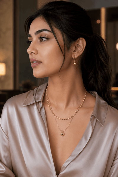 Steel Bead Necklace & Earrings Set – 18K Gold Plated - Maxiblink
