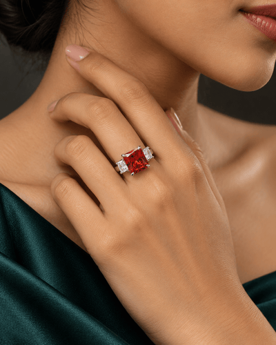 Sunset Orange Emerald-Cut Three-Stone Ring - Maxiblink