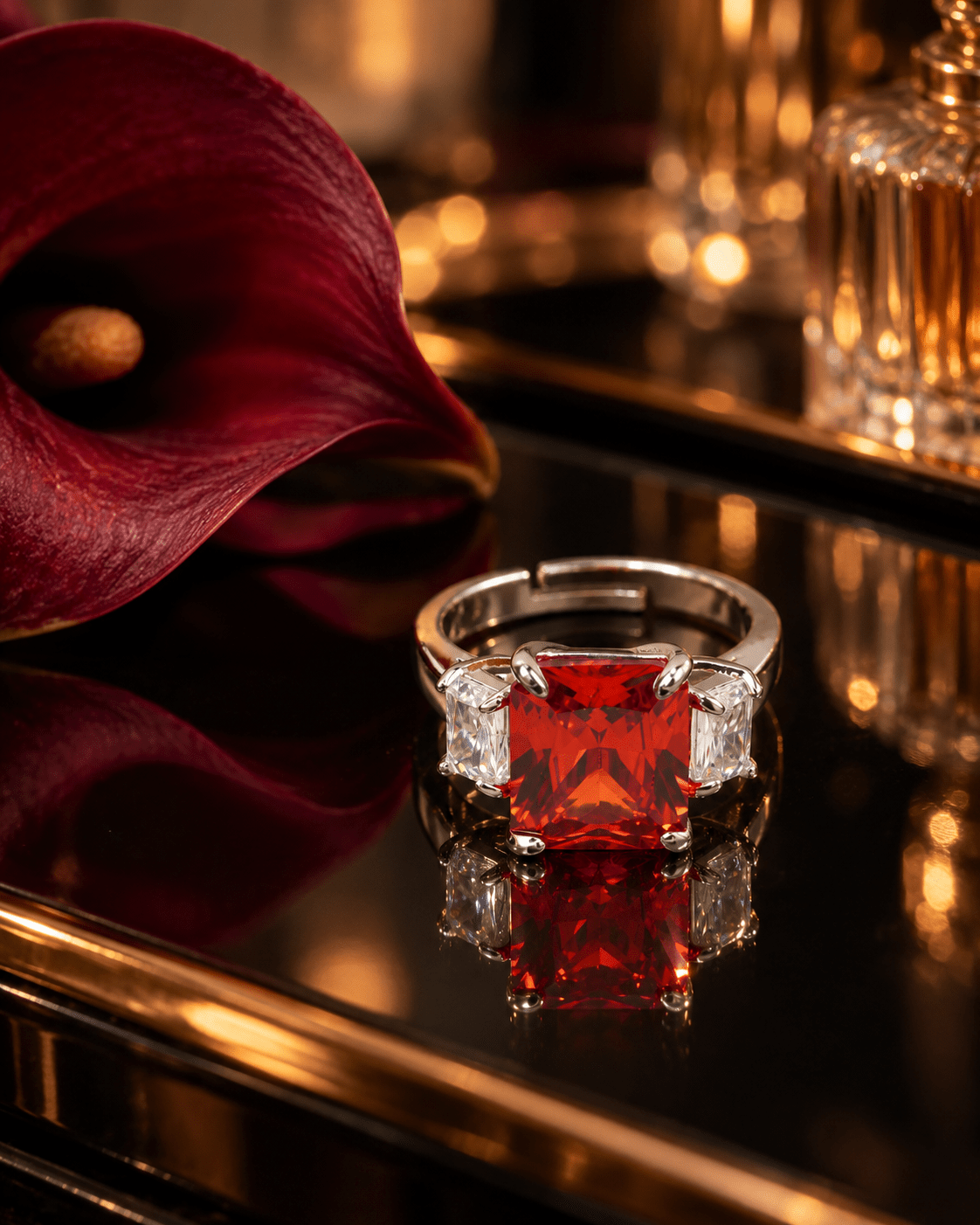 Sunset Orange Emerald-Cut Three-Stone Ring - Maxiblink