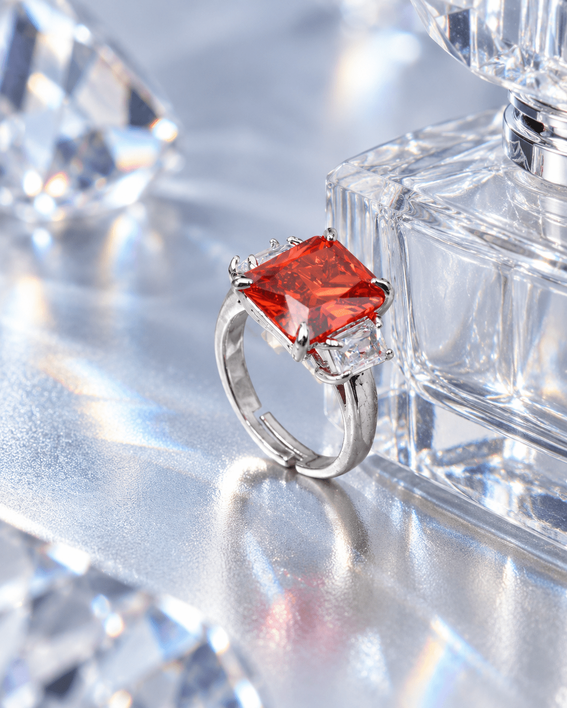 Sunset Orange Emerald-Cut Three-Stone Ring - Maxiblink