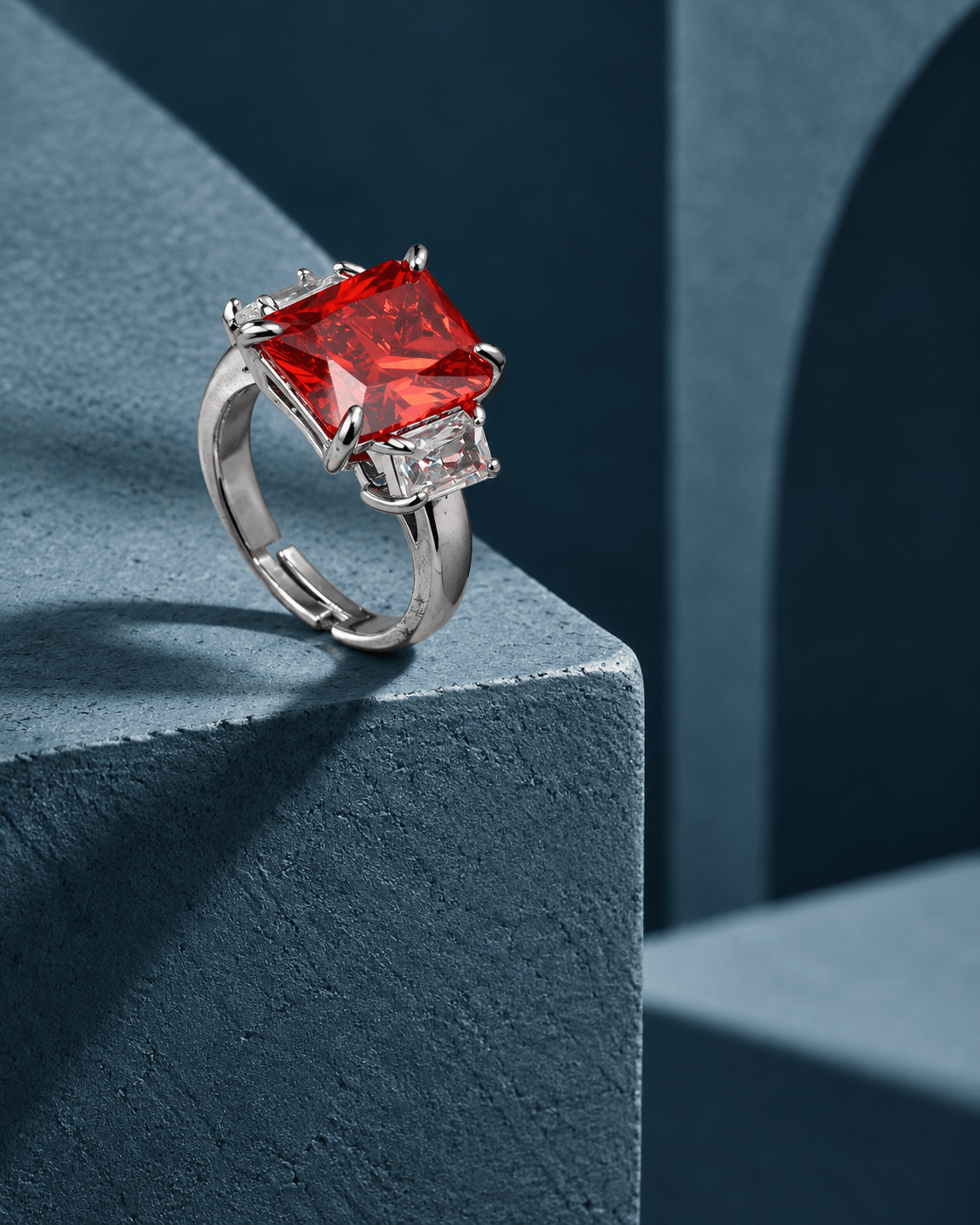 Sunset Orange Emerald-Cut Three-Stone Ring - Maxiblink