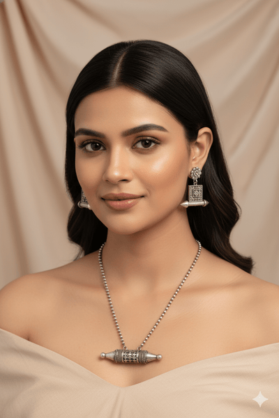 Taweez Barrel Pendant Set with Square Stud Earrings | Oxidised German Silver - Maxiblink