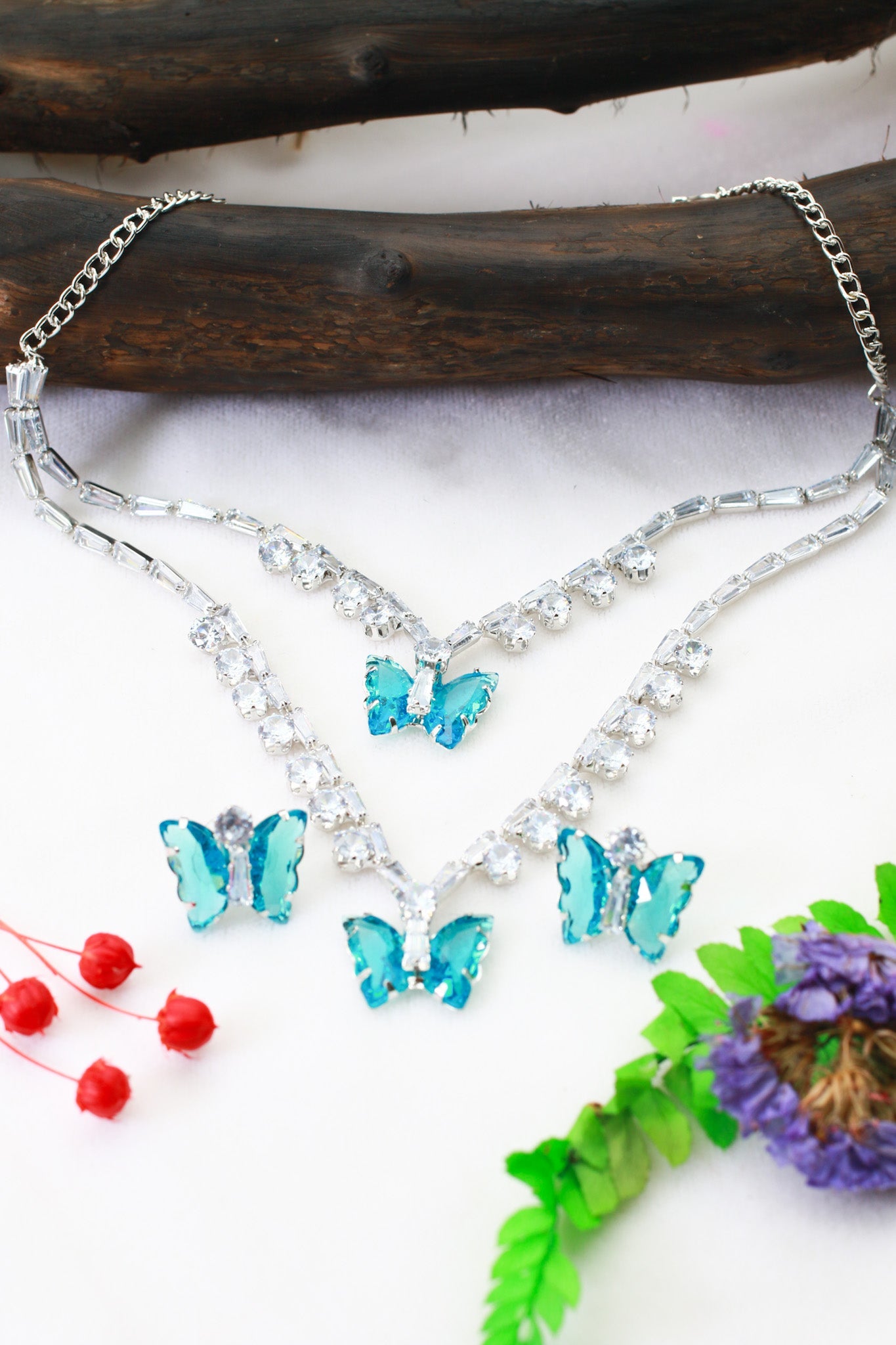 Teal Butterfly Korean Glass Stone Necklace Set | Premium Crystal Jewellery - Maxiblink