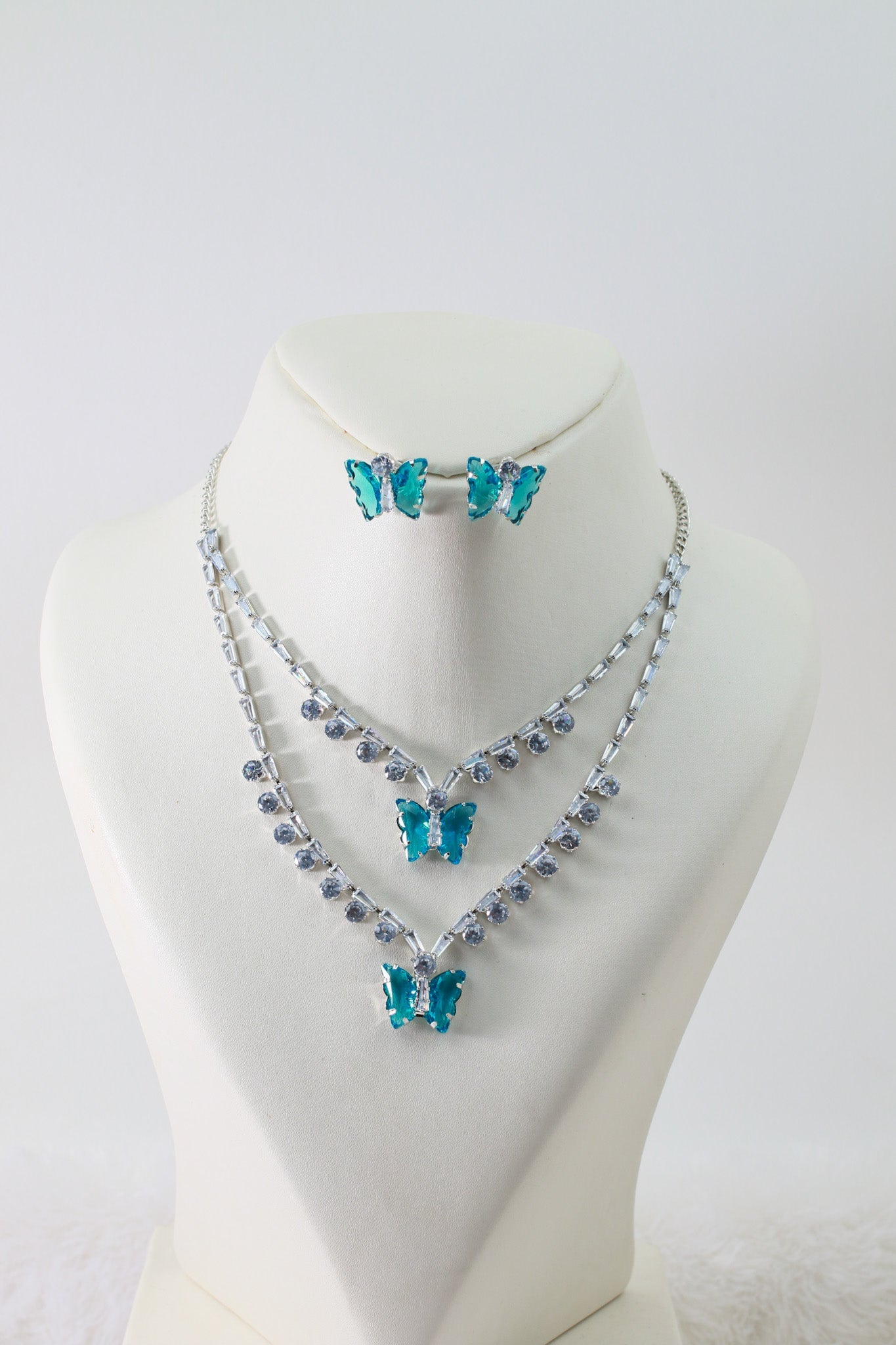 Teal Butterfly Korean Glass Stone Necklace Set | Premium Crystal Jewellery - Maxiblink
