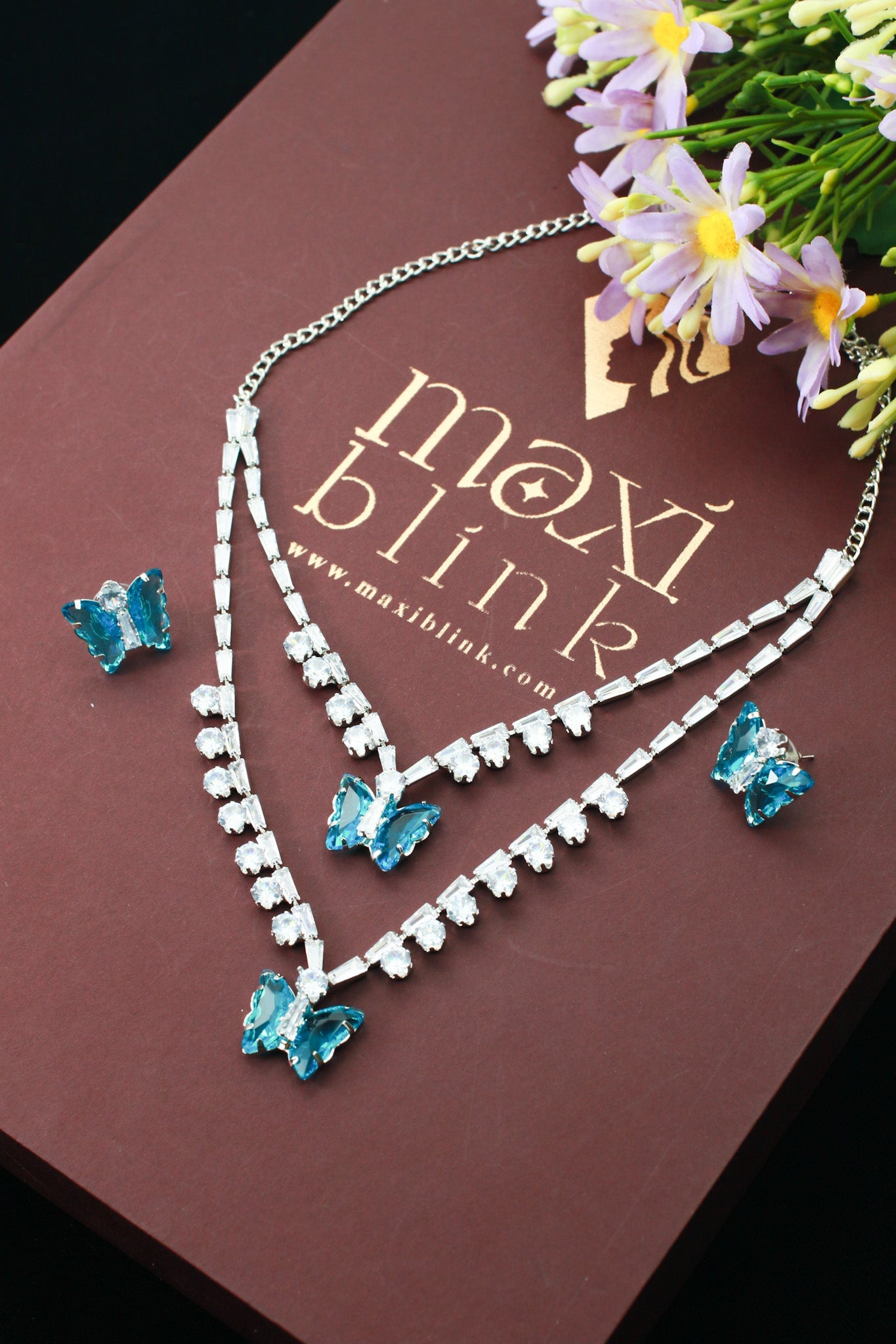 Teal Butterfly Korean Glass Stone Necklace Set | Premium Crystal Jewellery - Maxiblink