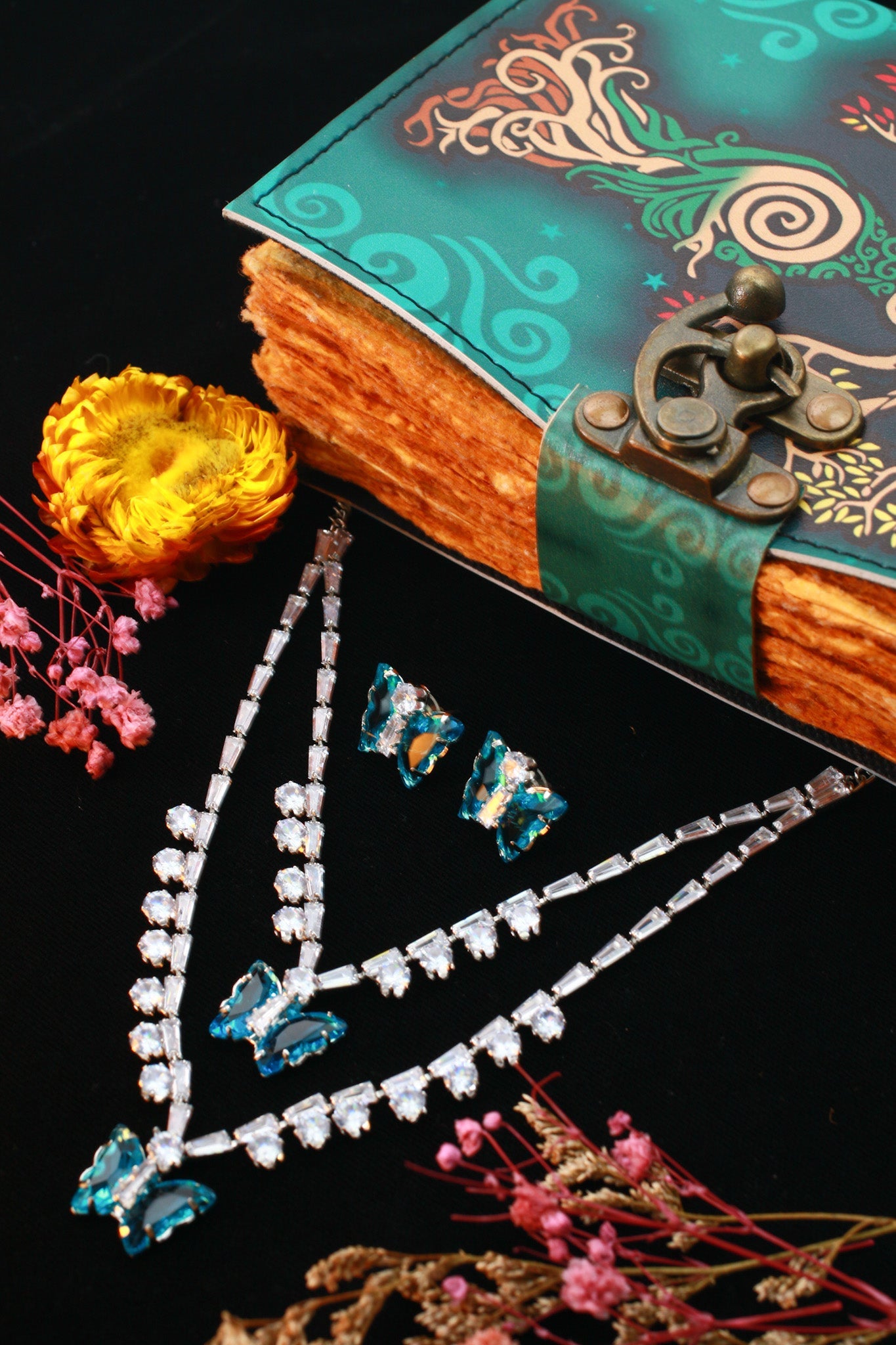Teal Butterfly Korean Glass Stone Necklace Set | Premium Crystal Jewellery - Maxiblink