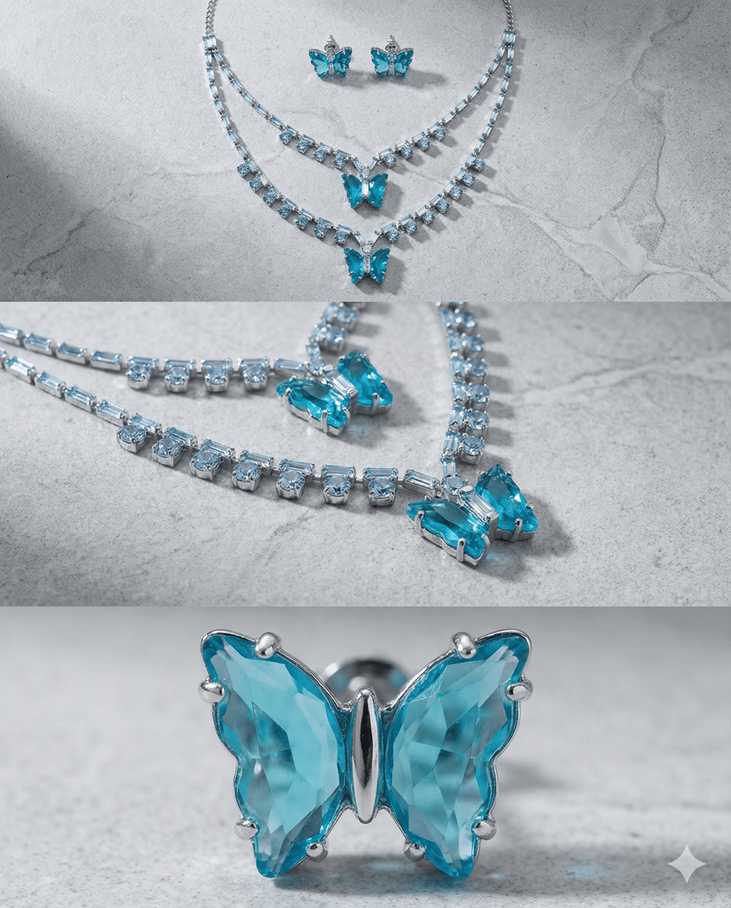 Teal Butterfly Korean Glass Stone Necklace Set | Premium Crystal Jewellery - Maxiblink