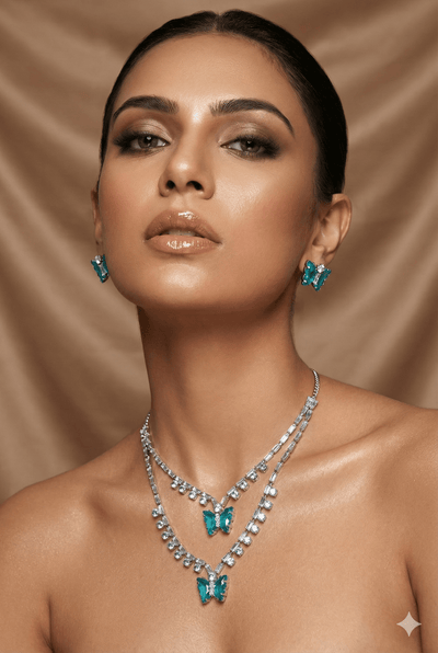 Teal Butterfly Korean Glass Stone Necklace Set | Premium Crystal Jewellery - Maxiblink