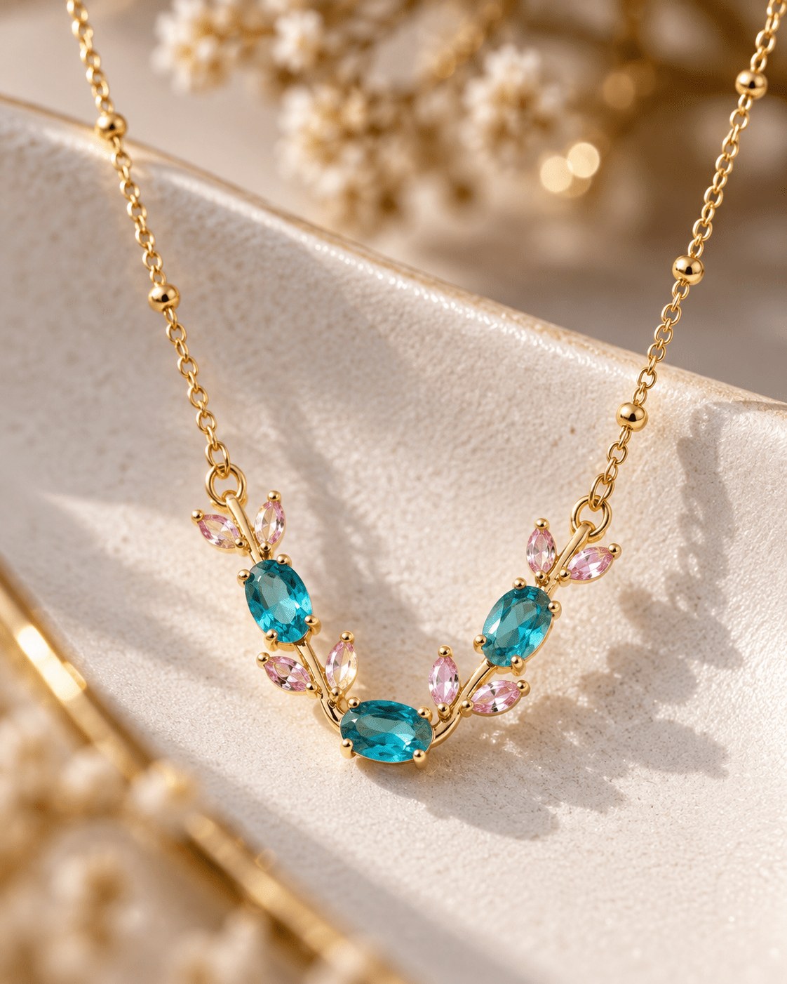 Teal & Pink Crystal Vine Pendant Necklace - Maxiblink